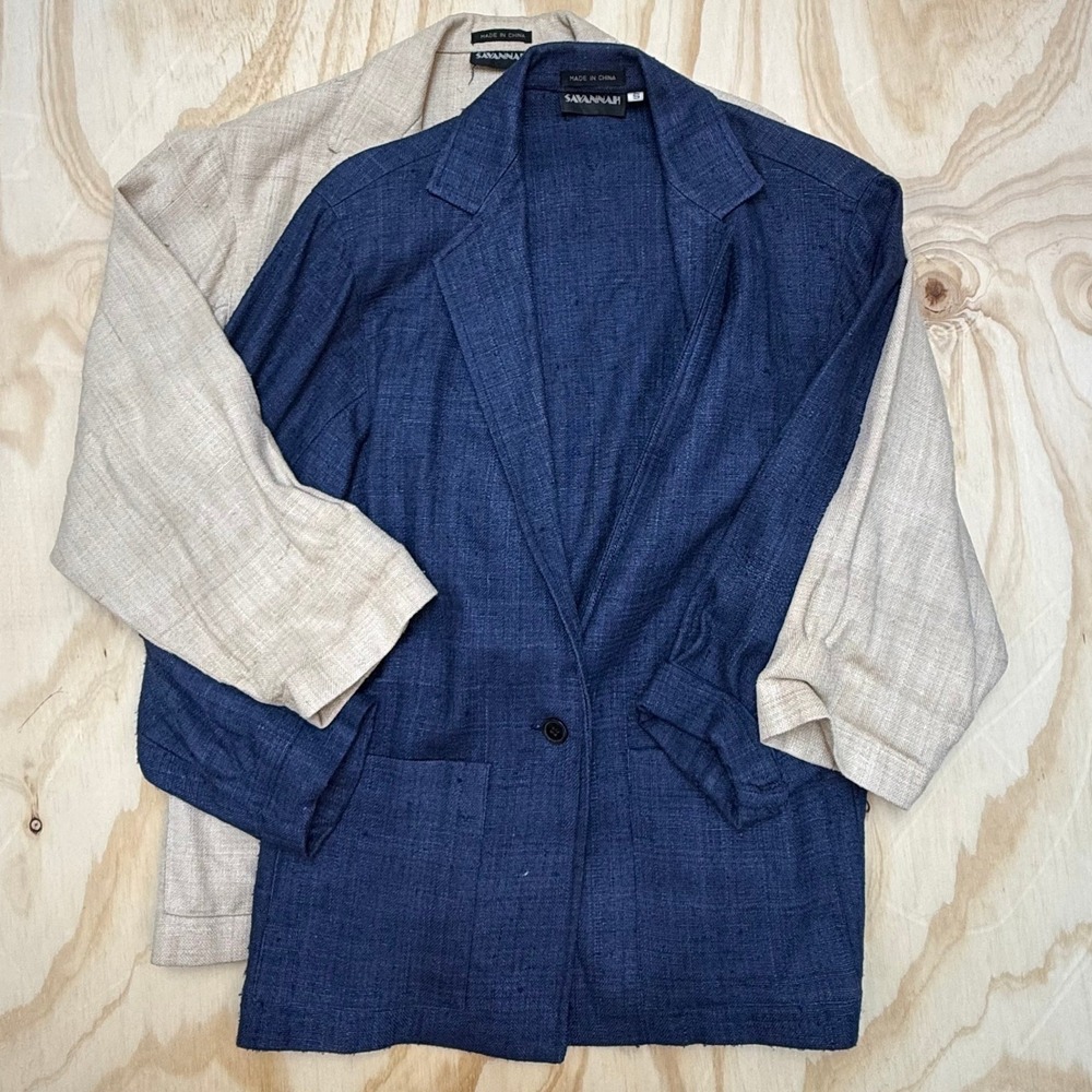 Savannah Raw Silk Blazer Set Womens Small Blue Beige Single Button Jacket Lot 2